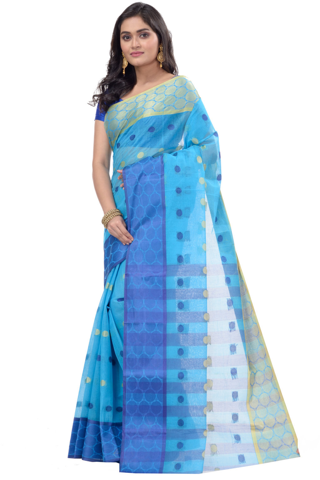 Blue Pure Cotton Ganga Jamuna Tant Saree (1861)